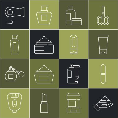 Krem ya da losyon kozmetik tüpü, tırnak törpüsü, şampuan şişesi, saç kurutma makinesi ve ikon. Vektör