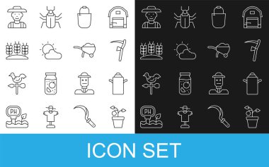 Hattı çömleğe yerleştirin, süt için konteynır, tırpan, kova, güneş ve bulut havası, buğday, çiftçi şapkası ve toprak ikonlu Wheelbarrow. Vektör