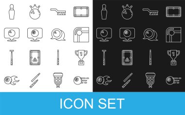 Çizgi bilardo topu, ödül kupası, masa, bilardo fırçası, bilardo, bowling, broş ve ikonlu mekan. Vektör