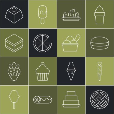 Ev yapımı turta, Candy, Makarna kurabiyesi, Pasta, Brownie çikolatalı kek ve kase ikonunda dondurma. Vektör