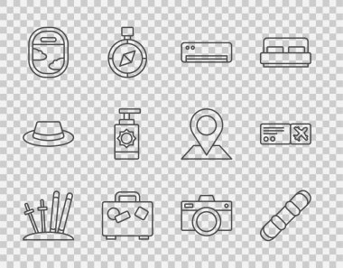 Kayak ve sopalar, Snowboard, klima, çanta, uçak penceresi, güneş kremi şişesi, fotoğraf makinesi ve uçak bileti ikonu. Vektör