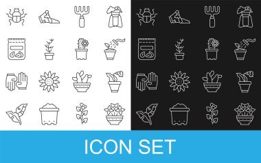 Vazoda çiçek, saksı, sprey, bahçe tırmığı, egzotik tropik, tohum dolu böcek ve kaktüs kaktüsü ikonu. Vektör