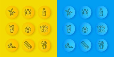 Hattı kurun, saksıyı kırın, saksıyı yerleştirin, hazır olun, Kelebek, bir şişe su ve böcek ikonu. Vektör