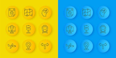 Çizgiyi ayarla, konum işaretli monitör, trafik işareti, tren, seyahat planlama takvimi, konum belirleyici ve katlanmış harita simgesi. Vektör