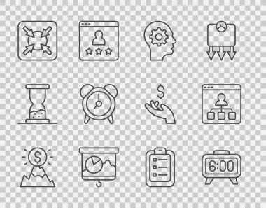 Bayraklı sıra dağları, dijital alarm saatini, insan başlığını, Chalkboard şemasını, Hedef, Alarm 'ı listelemek ya da planlamak ve çevrimiçi eğitim ikonunu yerleştirin. Vektör