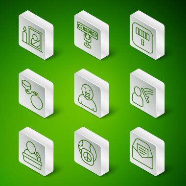 Posta ve e-posta, uluslararası barış günü, yas tutma fotoğraf çerçevesi, sansür özgürlüğü konuşması, top zinciri, sansürlü pul, sözcü ve polis insan simgesini dövdü. Vektör