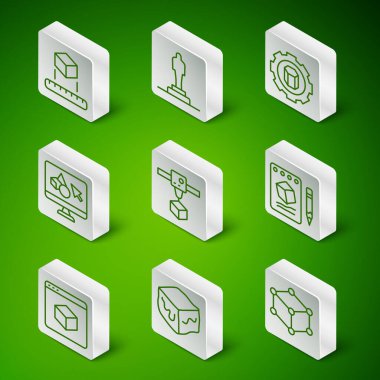 Isometric küp, 3D yazıcı, yazılım, model ve çizimi kağıt simgesine ayarla. Vektör