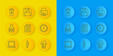 Dizüstü, Yapıştırıcı, Dosya Belgesi, Bulut veritabanı, Saat, Kahve fincanı, Yazıcı ve Disket simgesini ayarla. Vektör