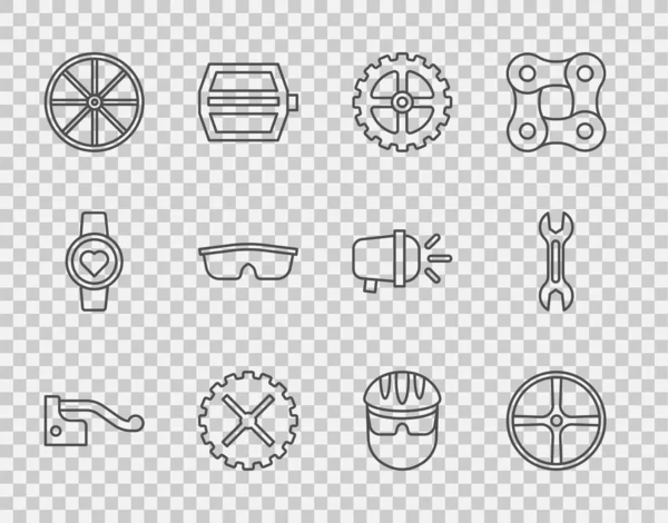采购产品设置线自行车制动器 链轮曲柄 运动自行车太阳镜 头盔和扳手图标 — 图库矢量图片