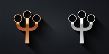 Siyah arka planda çiçek ikonu olan altın ve gümüş çiçek dalları. Uzun gölge tarzı. Vektör