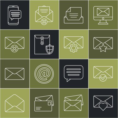 Zarfı sevgililer günü kalbiyle ayarla, ve işaretle, yıldız, çekmece belgesi, kalkan, silme zarfı, telefonda sohbet mesajları bildirimi ve simge ayarla. Vektör