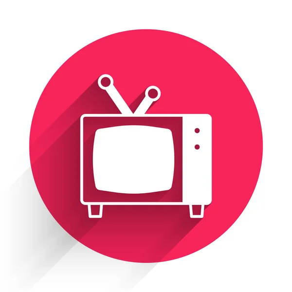 Vit Retro tv-ikon isolerad med lång skugga. Tv-skylt. Röd cirkel knapp. Vektor — Stock vektor