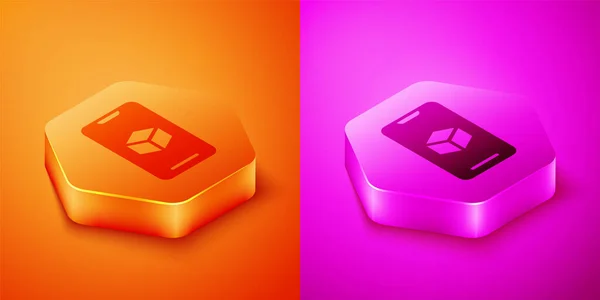 Isometryczna ikona oprogramowania drukarki 3D na pomarańczowym i różowym tle. Druk 3D. Sześciokątny przycisk. Wektor — Wektor stockowy