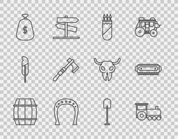 Постановка линии Wooden barrel, Retro train, Quiver with arrows, Horseshoe, Money bag, Tomahawk axe, Shovel and Felica icon. Вектор — стоковый вектор