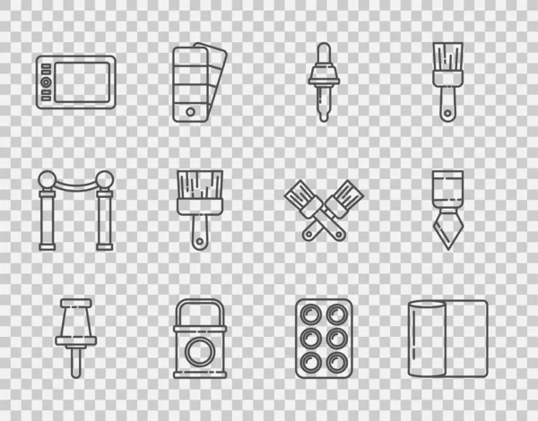 Set line Drucknadel, Papierhandtuchrolle, Pipette, Farbeimer, Grafiktablett, Pinsel, Aquarellmalkasten und Palettenmesser-Symbol. Vektor — Stockvektor