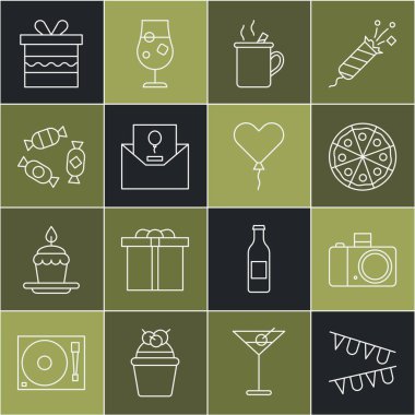 Bayraklı karnaval çelengi, fotoğraf makinesi, pizza, sıcak şarap, davetiye, şeker, hediye kutusu ve balon kalp ikonu. Vektör