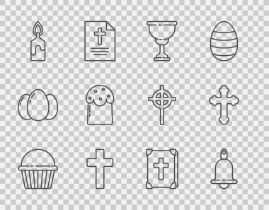 Paskalya pastası, zil, Hıristiyan kadehi, haç, yanan mum, kutsal İncil kitabı ve ikon. Vektör