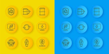 Line Hands holding Earth Globe, yeri yaprak, Refresh, Lightning bolt, kalkanın içindeki geri dönüşüm sembolü, Barrel ve Eco yakıt varili ikonu. Vektör