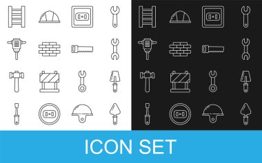 Hat Trowel, İngiliz anahtarı, elektrik prizi, tuğla, döner çekiç matkabı, tahta merdiven ve el testeresi ikonu. Vektör