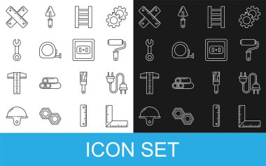 Hat cetveli, elektrik prizi, boya fırçası, tahta merdiven, rulet inşaatı, anahtarlık, çapraz ve elektrik çıkış ikonu. Vektör