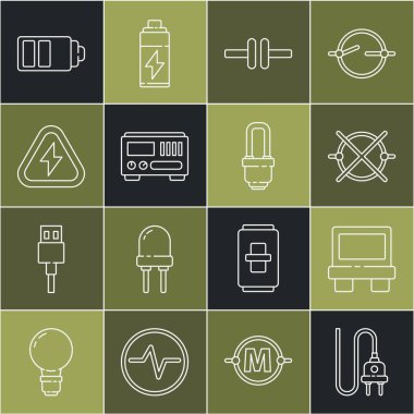 Elektrik prizi, sigorta, devre şeması, elektrik ölçüm aletleri, yüksek voltaj, pil şarj seviyesi göstergesi ve LED ampul simgesi ayarla. Vektör