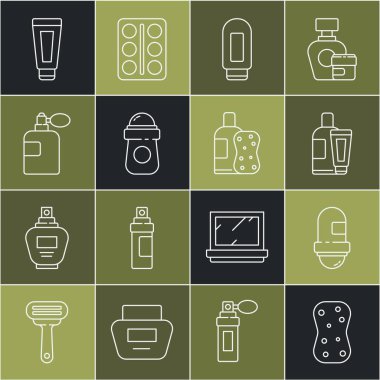 Kabarcıklı sünger, terleme önleyici deodorant, krem losyon kozmetik tüp, parfüm ve bir şişe şampuan ve sünger ikonu. Vektör