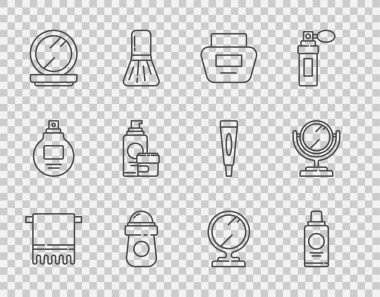 Askıya havlu, şampuan, krem veya losyon kozmetik tüpü, terleme önleyici deodorant rulosu, aynalı makyaj tozu, yuvarlak makyaj malzemesi ve ikon koyun. Vektör