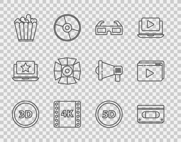 Set line 3D-Wort, VHS-Videokassettenband, Kinobrille, 4k-Film, Rahmen, Popcorn-Box, Movie Spotlight, 5d virtuelle Realität und Online-Play-Symbol. Vektor — Stockvektor