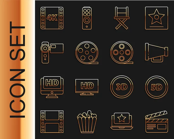 Set line Movie clapper, 5d virtual reality, Megaphone, Director movie chair, Film reel, Cinema camera, 4k movie, tape, frame and icon. Vector — Stock Vector