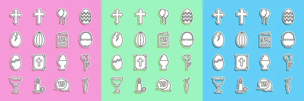 Set line Zanahoria, Flor tulipán, Cesta, Globos con cinta, Huevo de Pascua, Roto, Cruz cristiana y tarjeta de felicitación icono feliz. Vector — Vector de stock