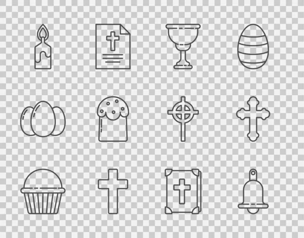 Set line Velikonoční dort, Zvonění zvonek, Křesťanský kalich, kříž, Hořící svíčka, Bible svatá kniha a ikona. Vektor — Stockový vektor