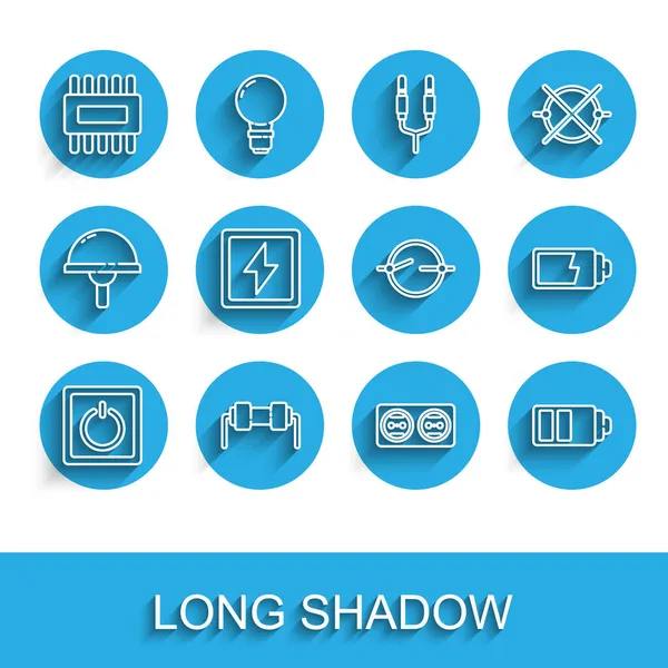 Impostare la linea Interruttore di luce elettrico, Resistenza elettrica, Processore con microcircuiti CPU, presa elettrica, indicatore di livello di carica della batteria, fulmine, e l'icona schema. Vettore — Vettoriale Stock