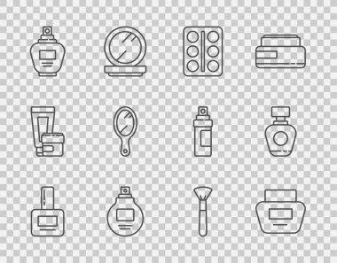 Tırnak cilası şişesi, krem veya losyon kozmetik tüpü, göz farı paleti, parfüm, el aynası, makyaj fırçası ve ikon. Vektör