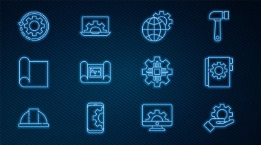 Satır Ayarlarını elde ayarla, Kullanıcı Kılavuzu, Dünya 'nın Küresi teçhizatı, Ev Planı, Mühendislik için Graphing kağıdı, İş akışı olarak dişli okları, İşlemci ve Laptop simgesi. Vektör