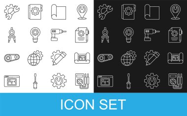 Çokölçer, ev planı, belge ayarları ve kalem, mühendislik için çizim kağıdı, ampul teçhizatı, çizim pusulayı, İngiliz anahtarı ve elektrikli matkap ikonu. Vektör