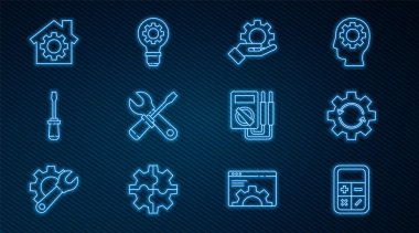 Satır Hesap Makinesi, dişli ve okları iş akışı olarak ayarla, elde ayarlar, tornavida anahtarı anahtarı anahtarı, teçhizatlı ev, çoklu metre ve ampul simgesi. Vektör