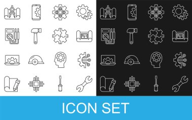 Satır anahtarı, Algoritma, Ev planı, İşlemci, Çekiç, Çokölçer, Grafik kağıdı, pusula ve Dişli simgesi ayarla. Vektör