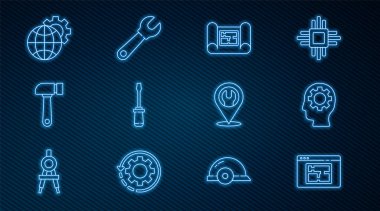 Hat ev planı, insan kafası içinde ekipman, tornavida, çekiç, Dünya Küresi ve konum anahtarı anahtarı ve anahtar simgesi. Vektör