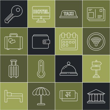 Set hattı müze binası, trafik levhası, kablosuz internet ağı, taksi araba çatısı, cüzdan, çanta, anahtar ve takvim simgesi. Vektör