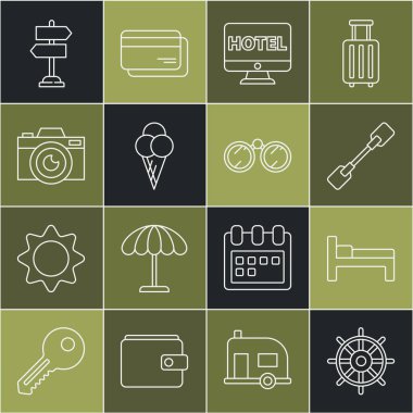 Ship direksiyon, yatak, Paddle, online otel rezervasyonu, dondurma külahı, fotoğraf makinesi, trafik ışığı ve dürbün simgesi. Vektör