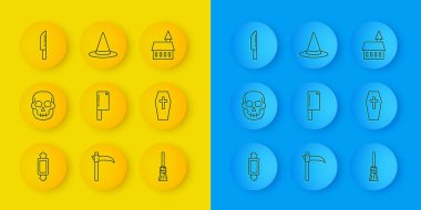 Sıra Candy, Skull, Meat Chopper, Witches süpürgesi, Haçlı Tabut, Bıçak, Kale ve şapka ikonu. Vektör