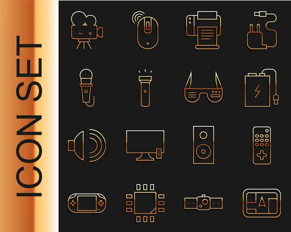 Set line Gps Gerät mit Karte, Fernbedienung, Power Bank Ladekabel, Drucker, Taschenlampe, Mikrofon, Retro-Kino-Kamera und Smart-Brille-Symbol. Vektor — Stockvektor