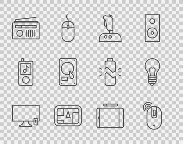 Set line Smart Tv, Wireless computer mouse, Joystick for arcade machine, Gps device with map, Radio antenna, Hard disk drive HDD, Graphic tablet and Light bulb concept of idea icon. Vector — Stock Vector