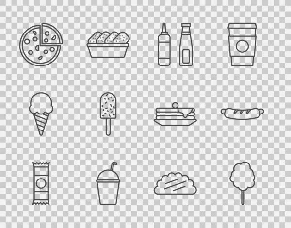 Набор линии Шоколадный бар, сладкая вата, бутылка соуса, молочный коктейль, пицца, мороженое, тако с тортильей и Hotdog икона сэндвича. Вектор — стоковый вектор