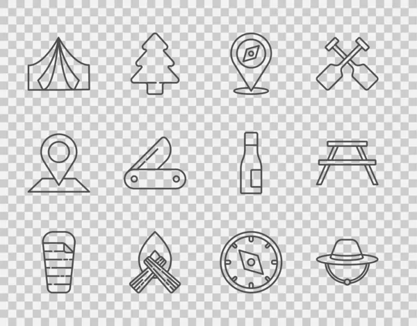 Set Line Schlafsack, Campingmütze, Kompass, Lagerfeuer, Touristenzelt, Schweizer Taschenmesser und Picknicktisch mit Bänken-Symbol. Vektor — Stockvektor