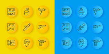 Avcı silahı, silah kataloğu, keskin nişancı optik görüşü, tabanca ya da silah, Mauser, UZI alt makinesi ve el bombası ikonu. Vektör