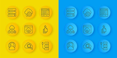 Hat Sosyal Ağı, Bulut teknolojisi veri transferi, Başarısız Erişim Bulutu depolama, Sunucu, Veri İhracatı, Web Sunucusu, Arama motoru ve simgesi ayarla. Vektör