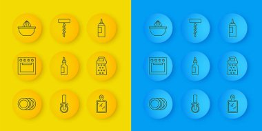 Tabak, fırın, zeytin yağı, kesme tahtası, rende, meyve sıkacağı, sos şişesi ve şarap tirbuşonu ikonu. Vektör