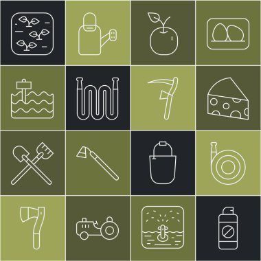 Gübre, hortum, peynir, elma, yatak, bitki ve tırpan ikonu için bahçe spreyi hazırlayın. Vektör