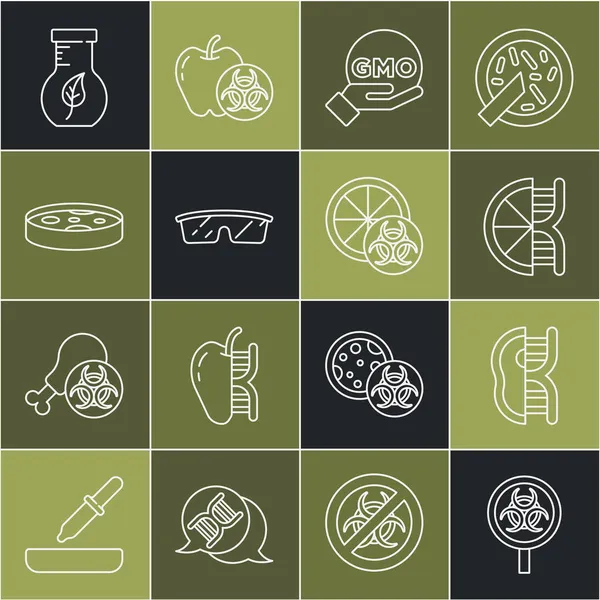 Set line Biohazard and magnifying glass, Genetically modified meat, orange, GMO, Laboratory glasses, Petri dish with bacteria, Test tube flask and icon. Vector — Stock Vector